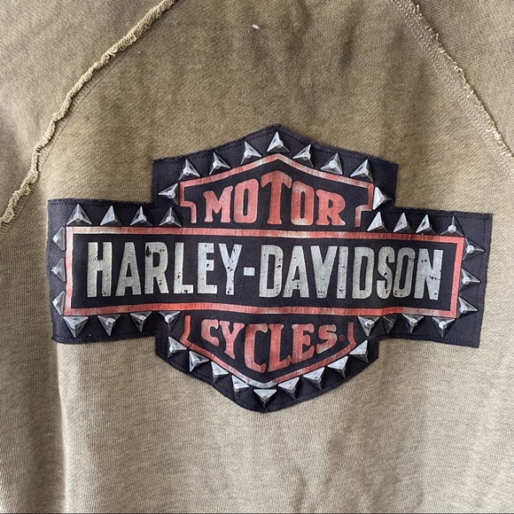 Harley Davidson Army Green Studded Crewneck Distressed Sweatshirt - Picture 4 of 5